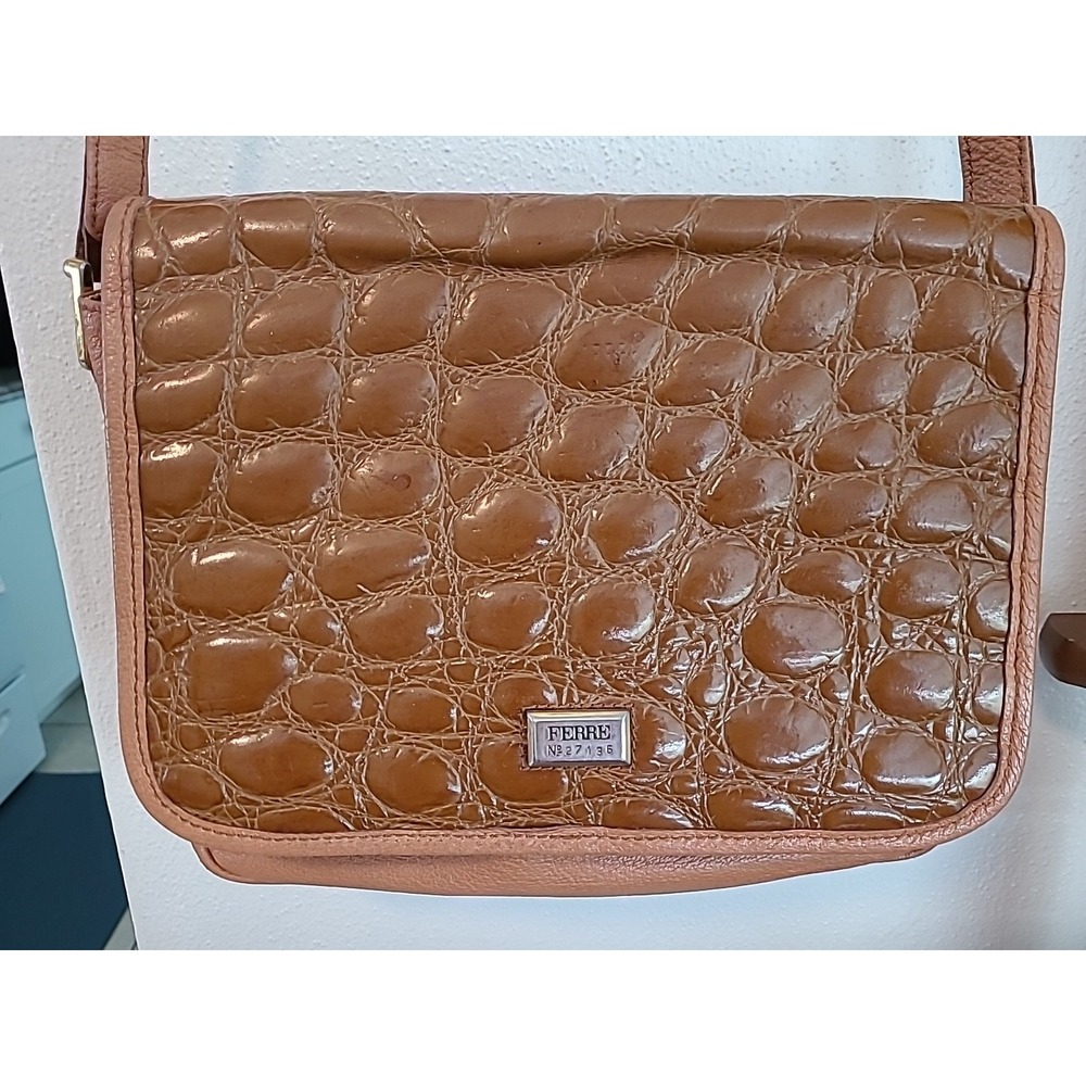 Gianfranco FERRE Light Brown Leather Crocodile Shoulder Bag vintage 27136